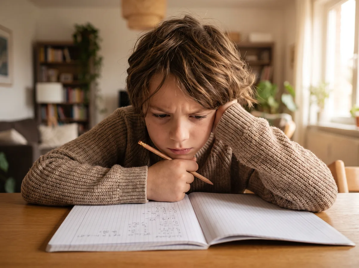 Student concentrating on a math problem in a squared notebook at the kitchen table