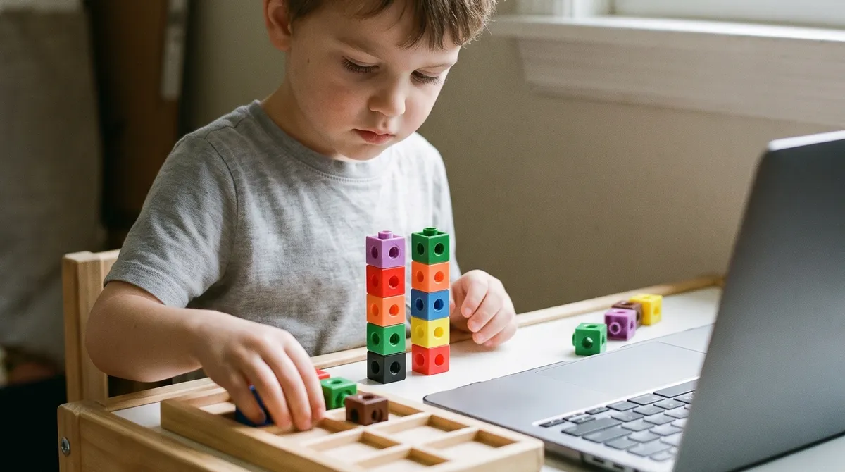 Six-year-old building towers of counting cubes beside a ten-frame tray — a 1st grade math readiness check a parent can do at home