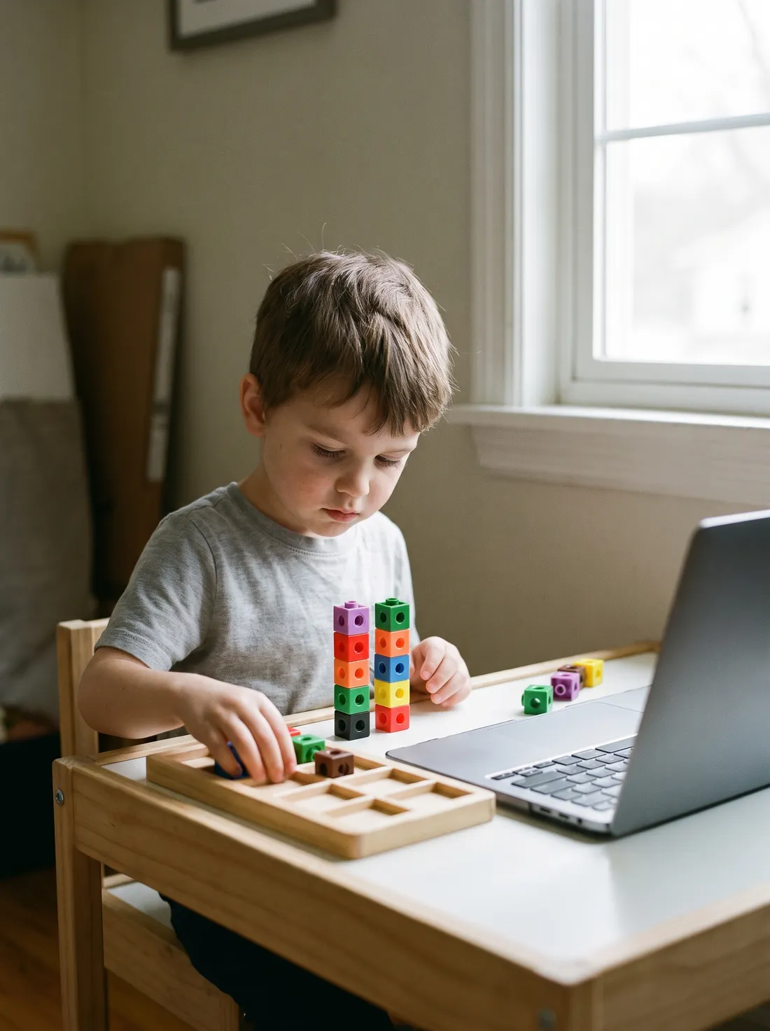 Six-year-old building towers of counting cubes in a ten-frame tray during a 1st grade math tutoring lesson