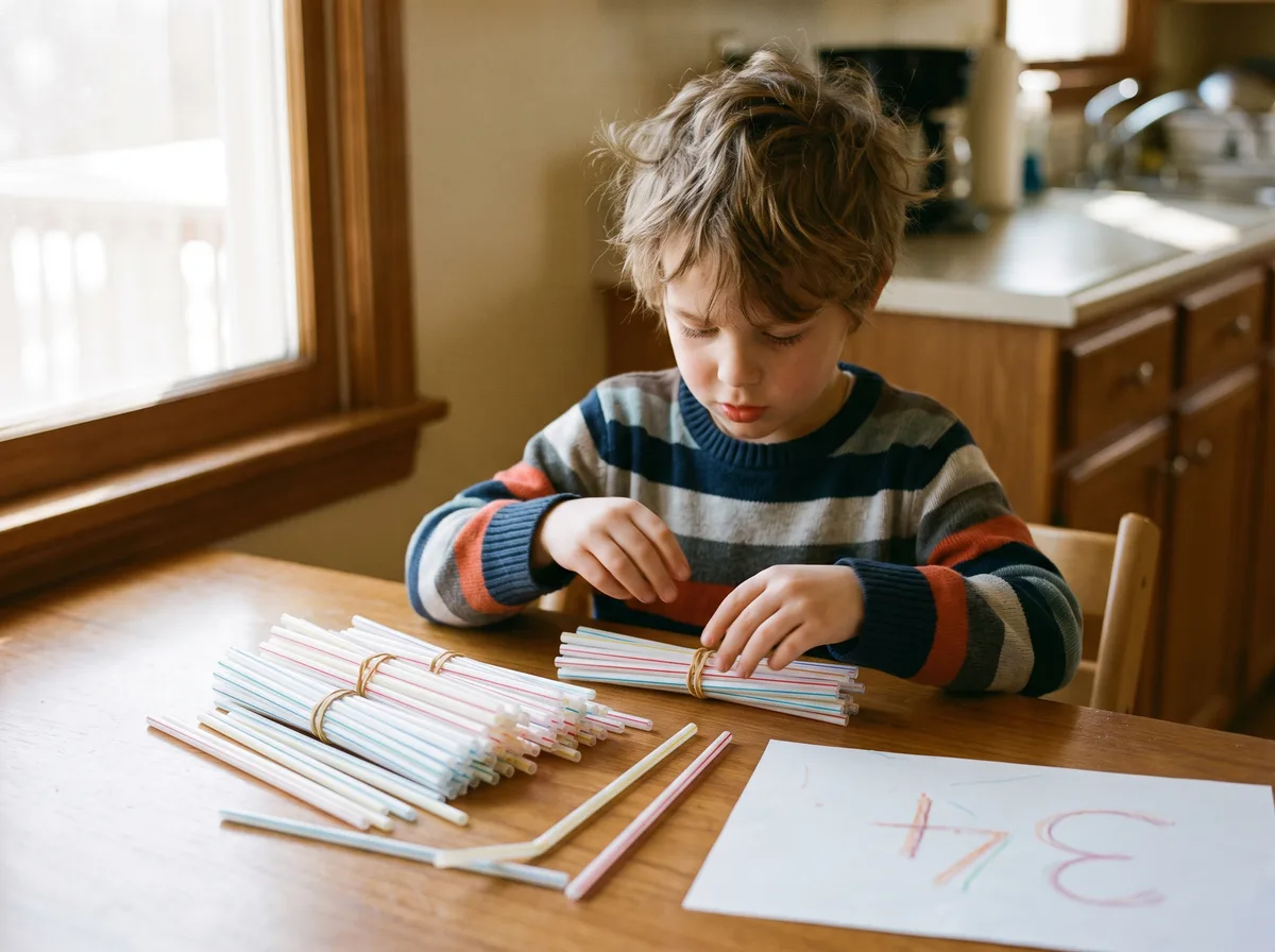 Child bundling drinking straws into tens with rubber bands beside the number 34 written on paper — a 2nd grade math skills check a parent can run at home