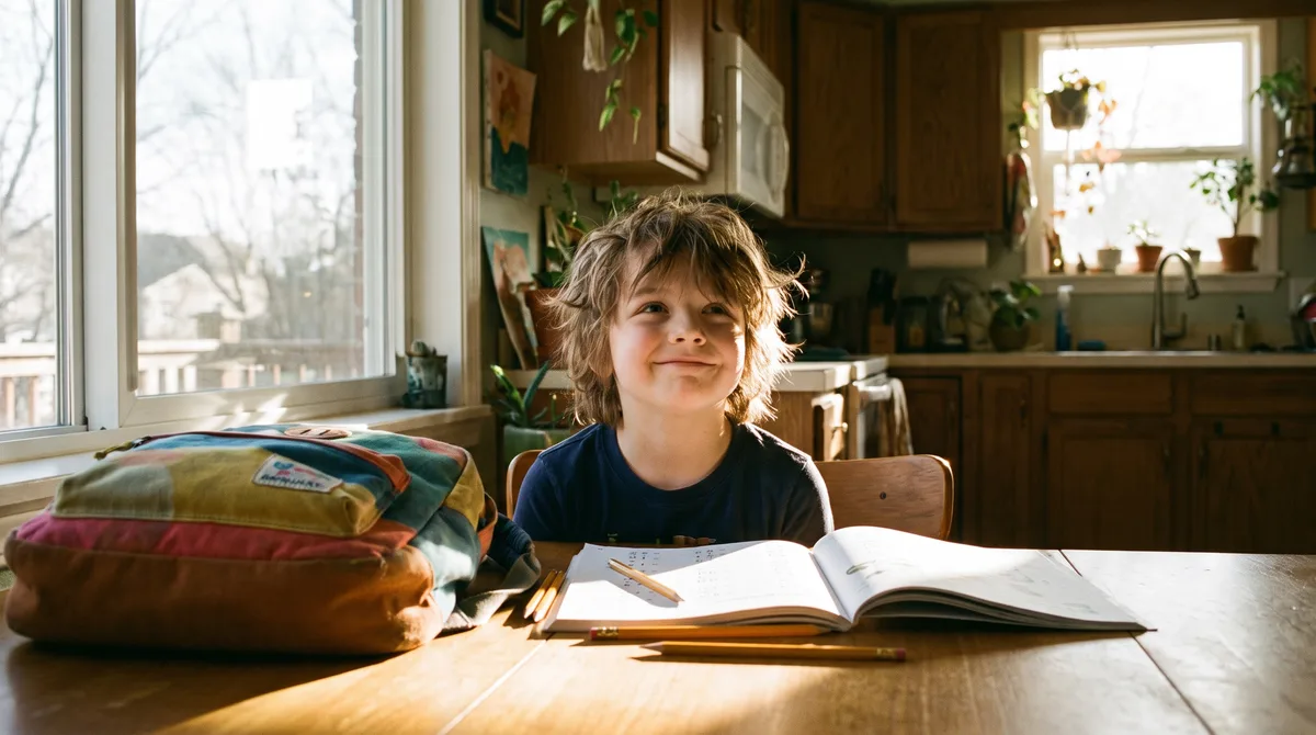 Smiling third-grader at a kitchen table with a backpack and math workbook, ready for the new school year