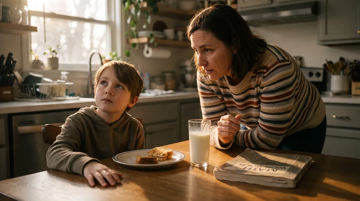 Parent leaning in to ask a math question at the kitchen table while their child pauses to think — a 4th grade math readiness check at home