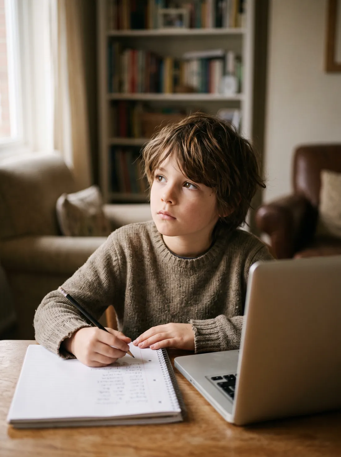 Nine-year-old pausing over a page of written working during a 4th grade math tutoring lesson
