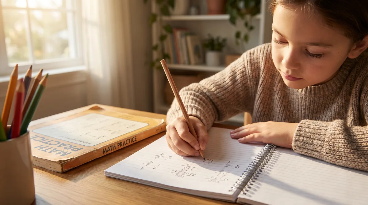 Fifth-grader working through a fractions and long-division problem in a math notebook at a desk