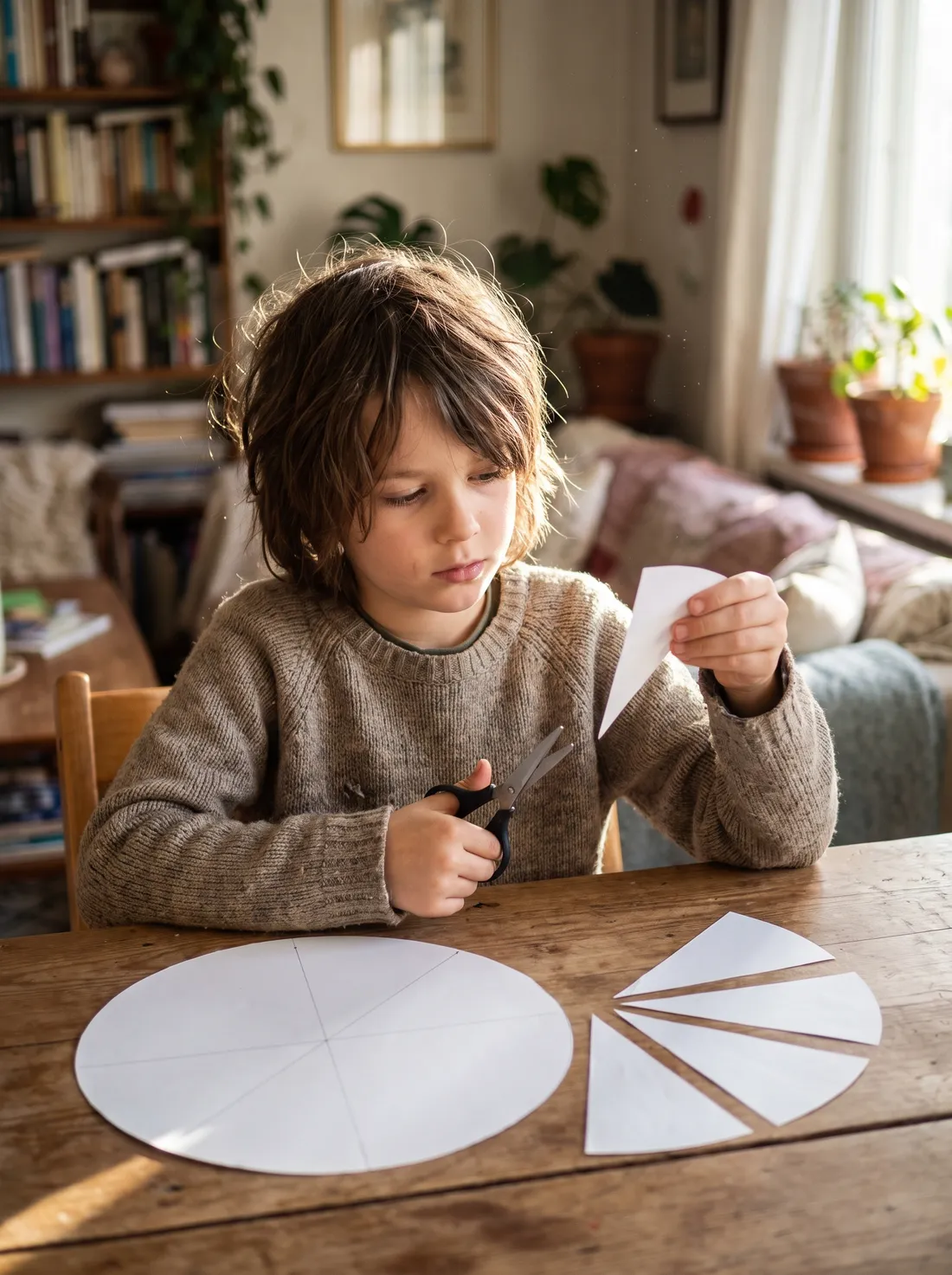 Ten-year-old cutting a paper circle into equal fractions during a 5th grade math tutoring lesson