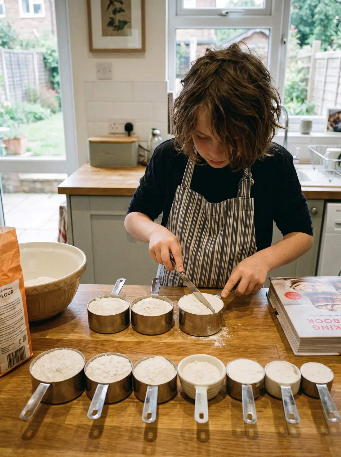 Eleven-year-old levelling flour into two rows of measuring cups while doubling a recipe, during a 6th grade math tutoring lesson