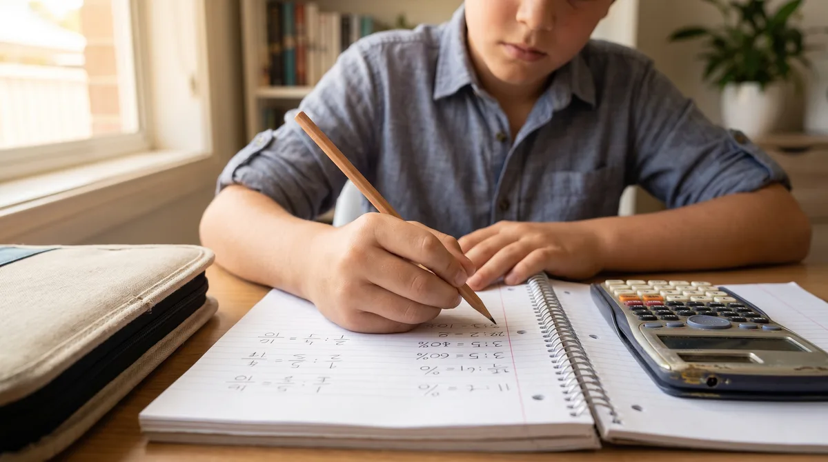 Middle school student working through a ratios and percentages problem in a notebook with a pencil