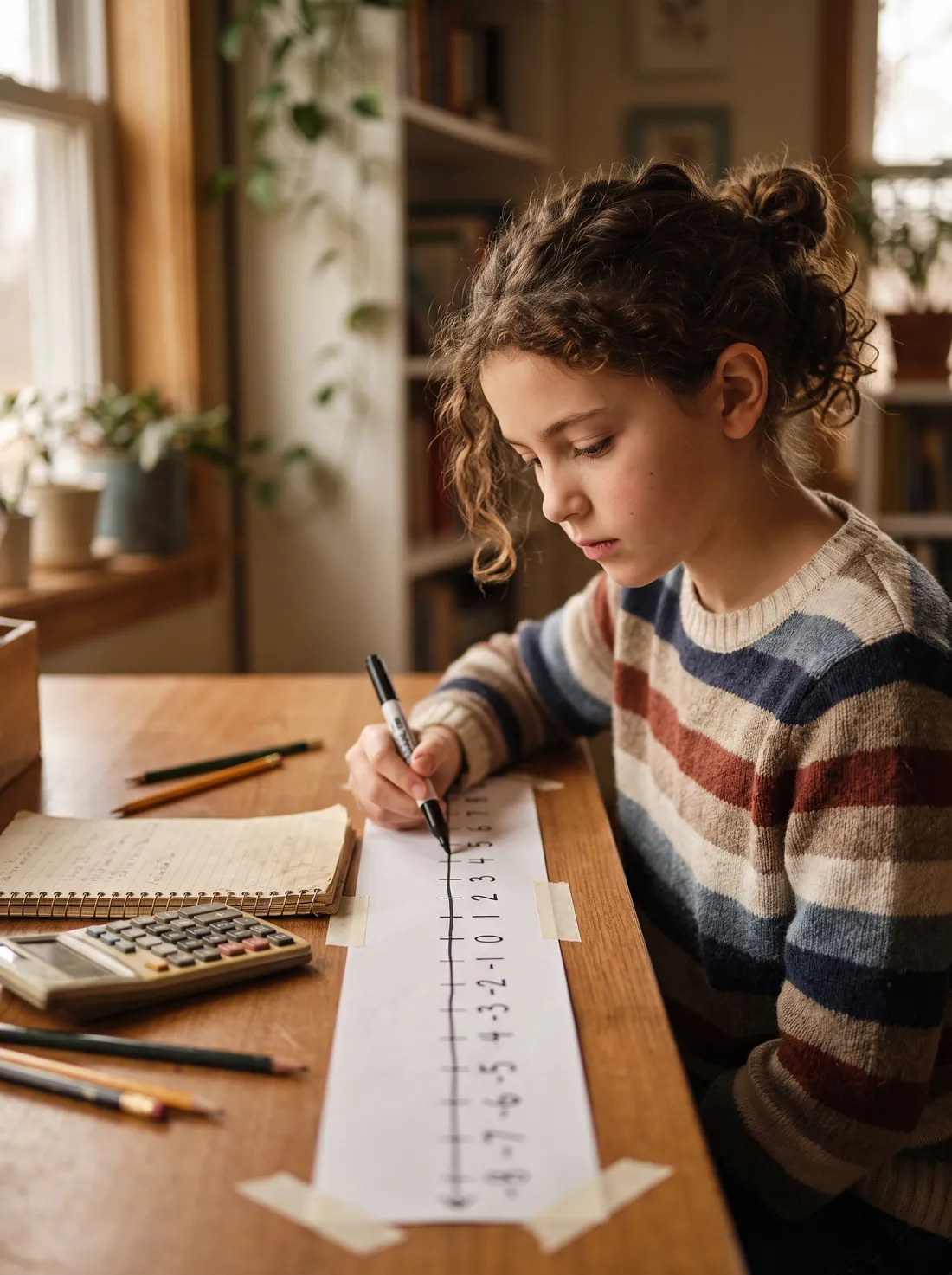 Twelve-year-old marking a point to the left of zero on a hand-drawn number line during a 7th grade math tutoring lesson