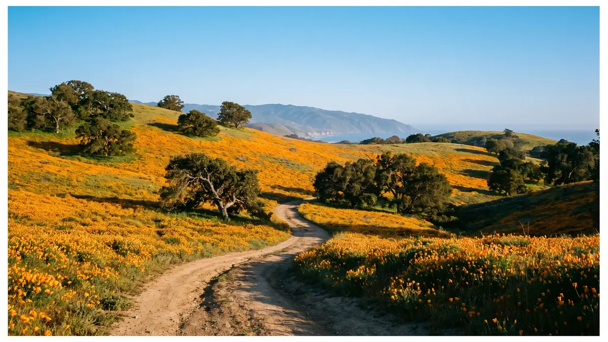 Rolling California hills covered in golden poppies in spring