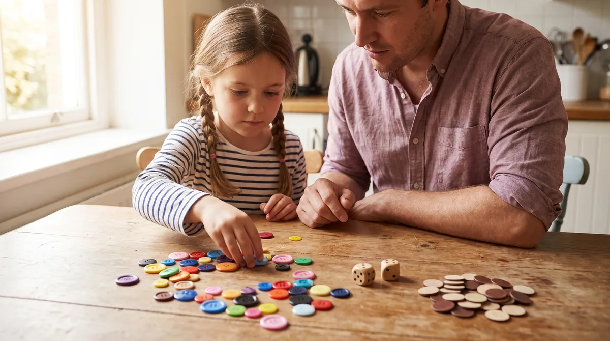 A parent and a young child at a kitchen table with scattered buttons and two dice, running a counting check before first grade