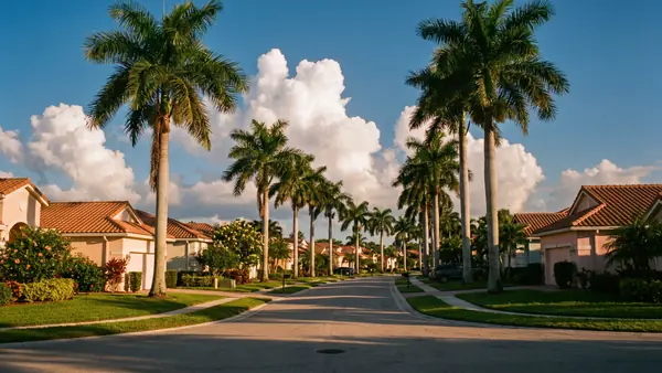 A palm-lined residential street in Florida on a bright afternoon