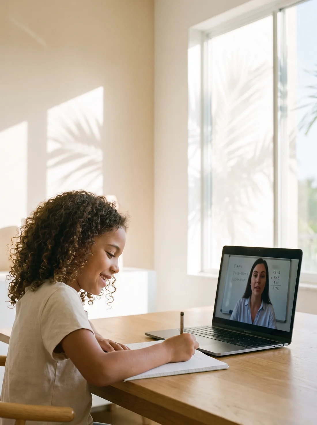 A girl writing in her notebook during an online math lesson at a sunlit kitchen table