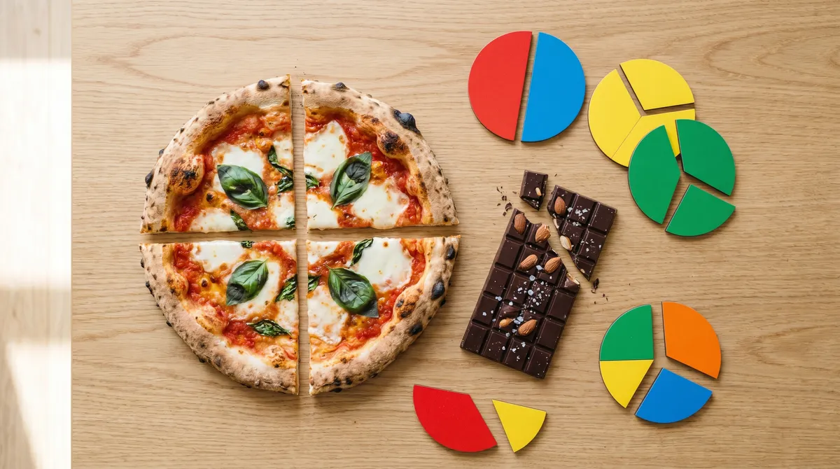 Pizza cut into quarters, a chocolate bar, and colorful fraction circle models showing halves, thirds, and quarters