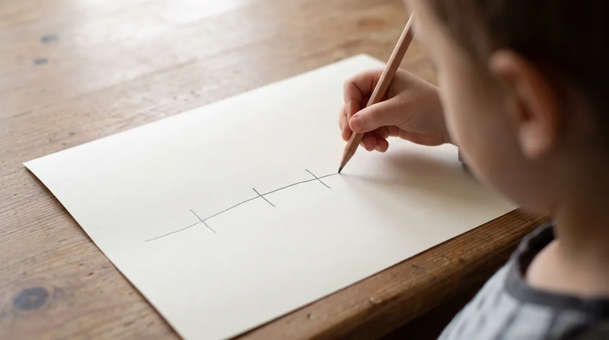 Child marking a point beyond the last tick on a hand-drawn number line, testing whether they see fractions as numbers greater than one