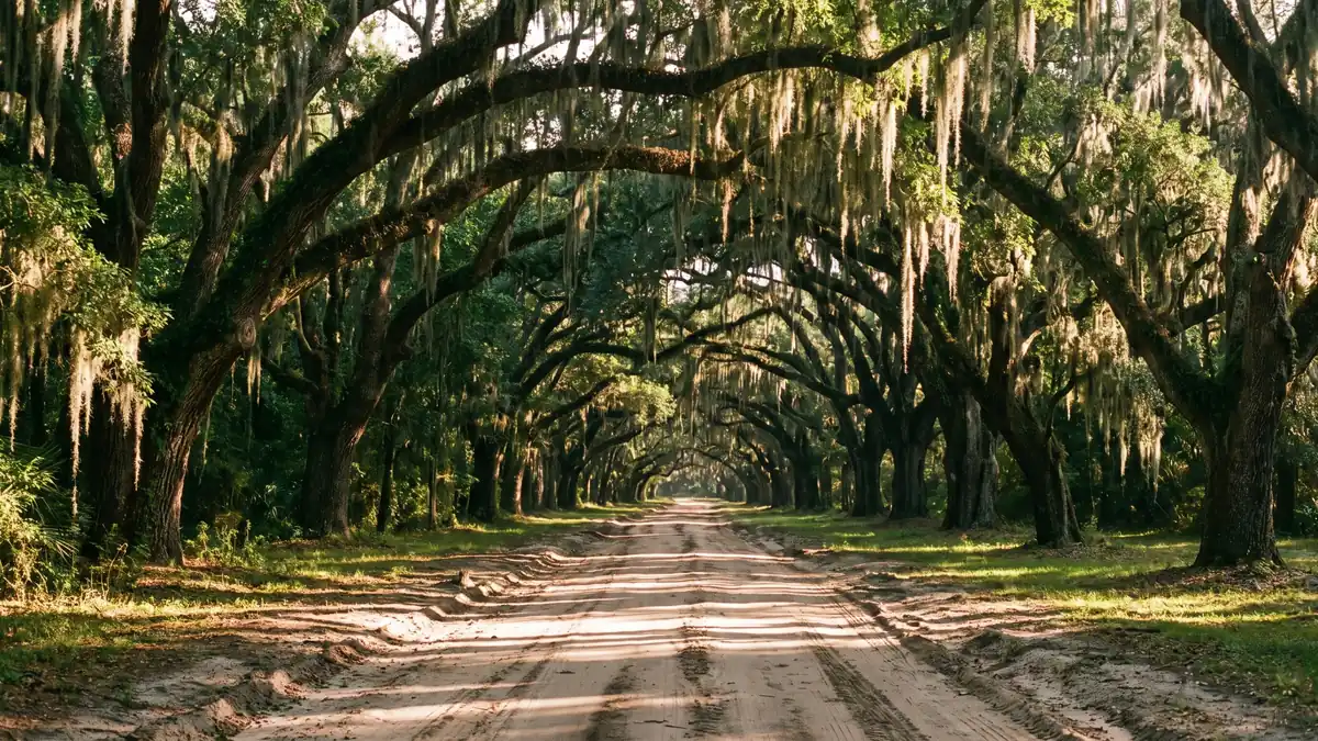 An avenue of live oaks draped with Spanish moss in coastal Georgia