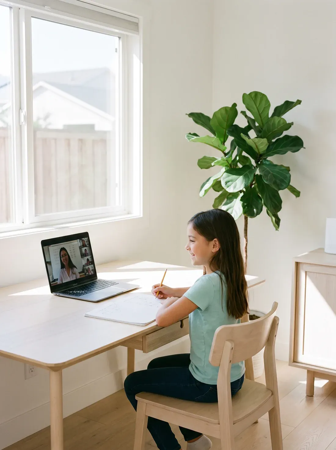 A student at a home desk working through a problem during an online math lesson