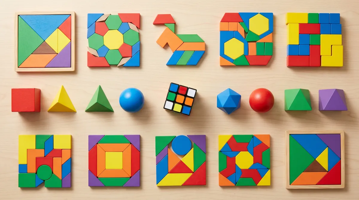 Colorful logic and math enrichment puzzles — tangrams, pattern blocks, geometry shapes, and a twisty puzzle cube — on a desk