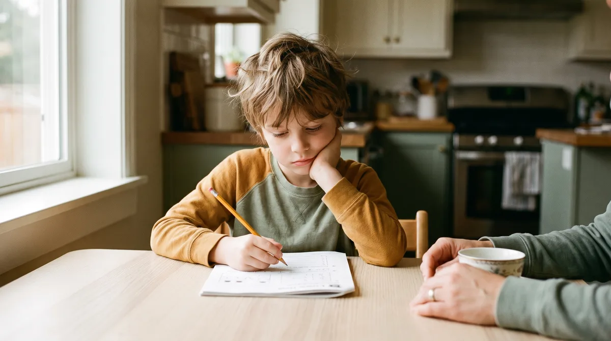 Child pausing over a math word problem at the kitchen table with a pencil in hand