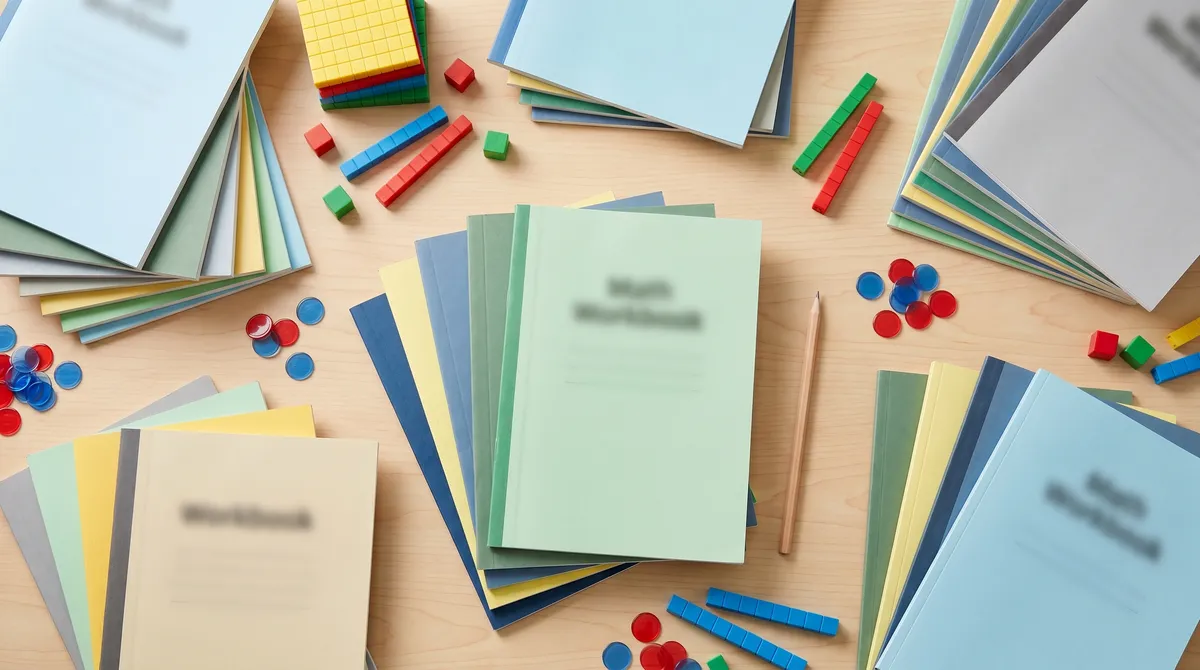 An assortment of homeschool math workbooks fanned out with colored blocks, counters, and a pencil on a desk