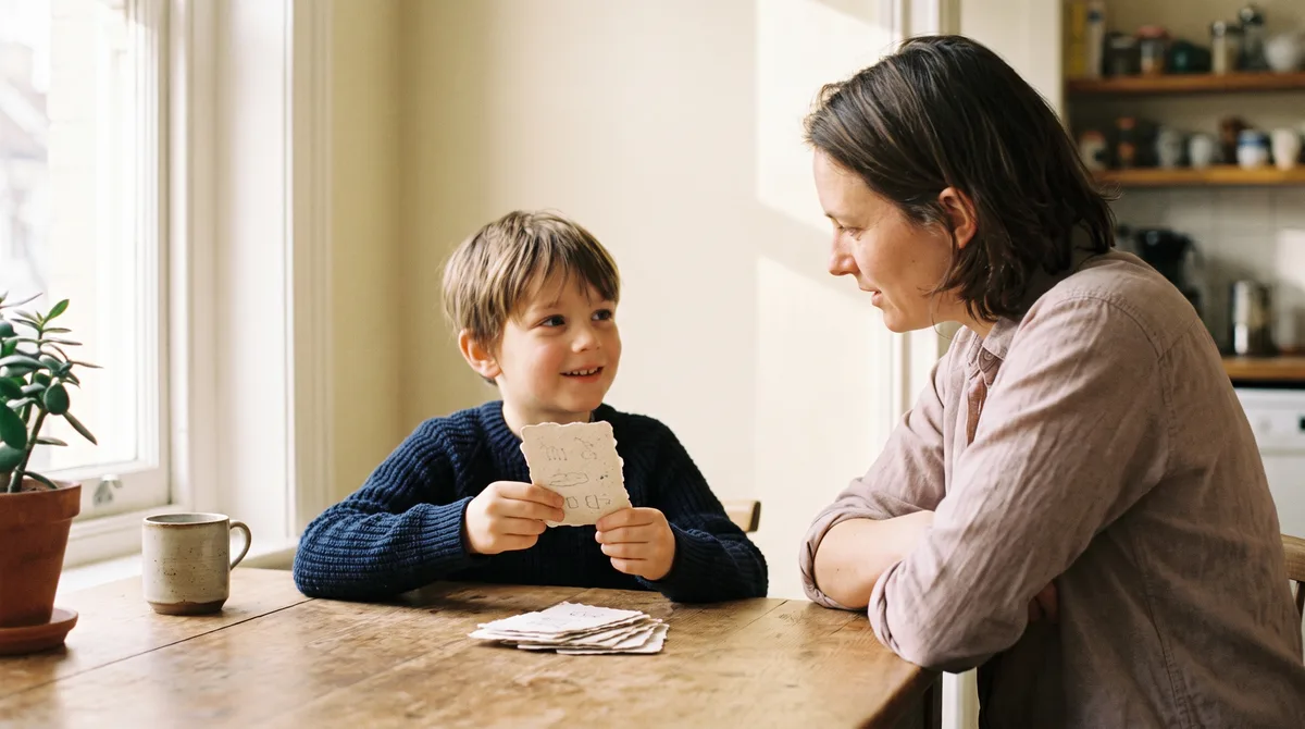 Parent helping a child memorize multiplication facts with flashcards at the kitchen table