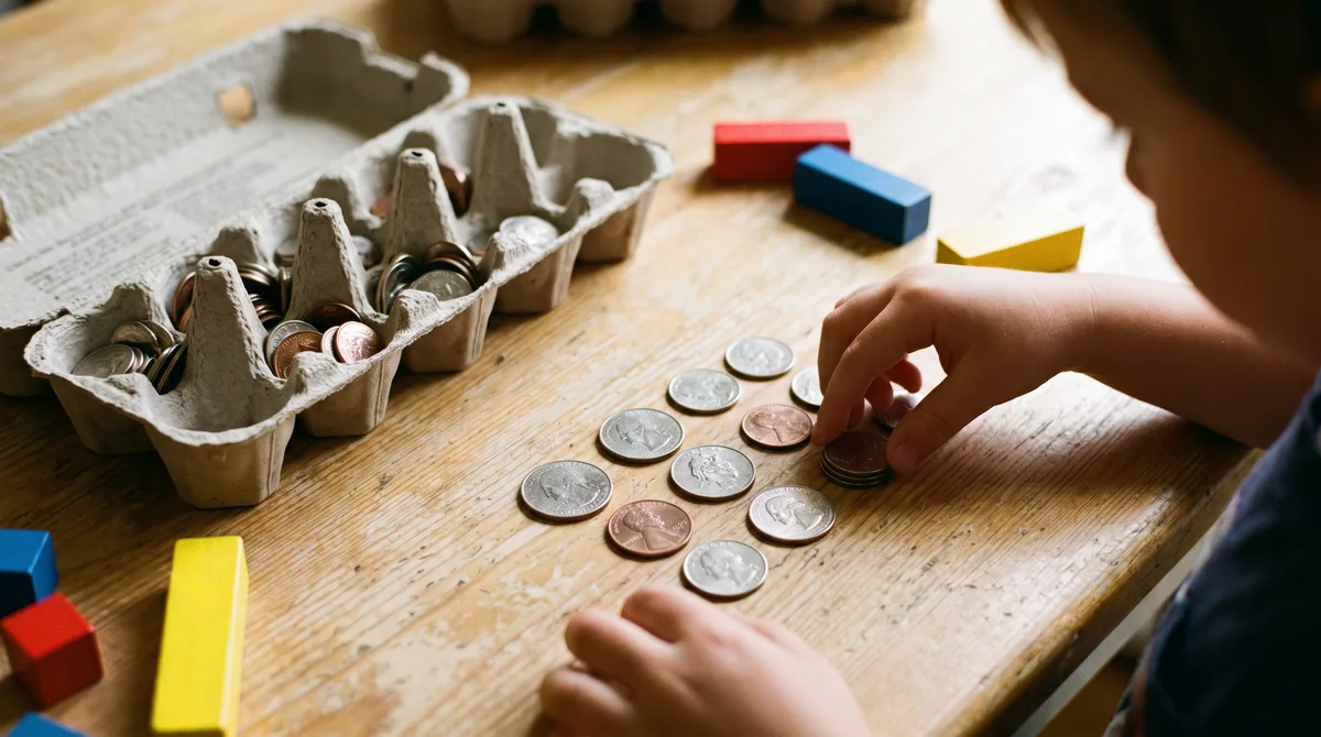 A child using coins and an egg carton to build equal groups and a 3-by-4 array, showing multiplication as a picture