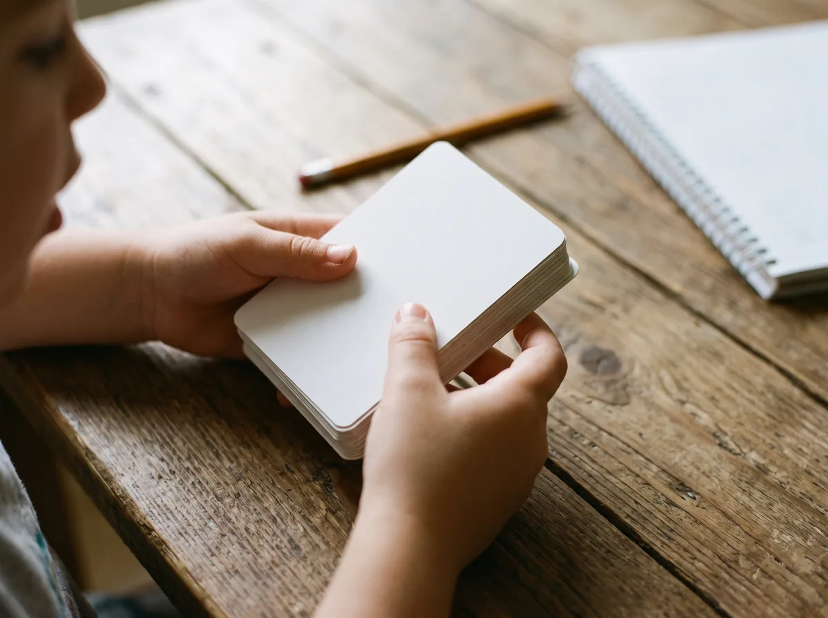 Child recalling a multiplication fact from memory before flipping the flashcard over