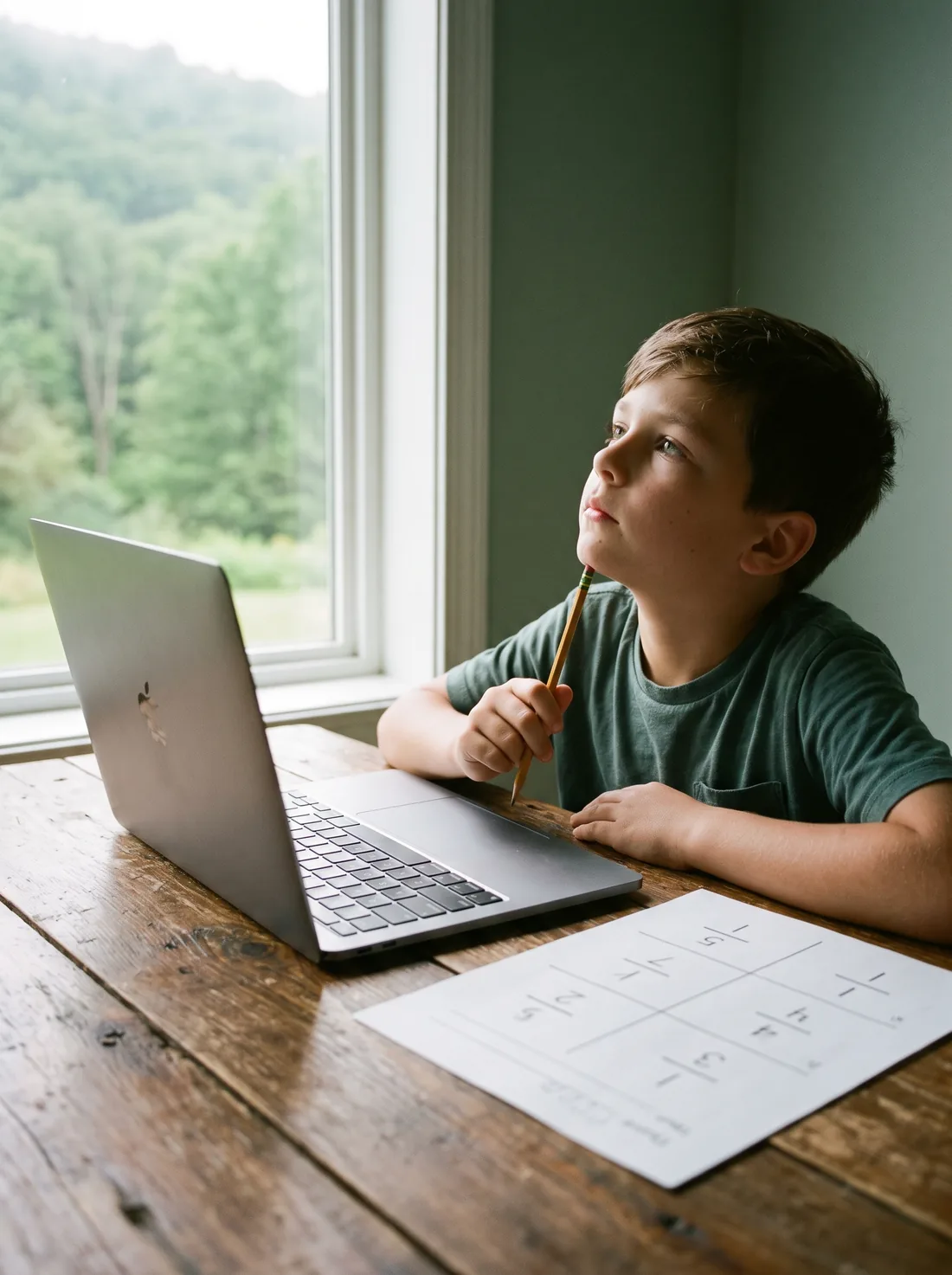 A boy pausing to think, pencil in hand, during an online math lesson at a desk by a window