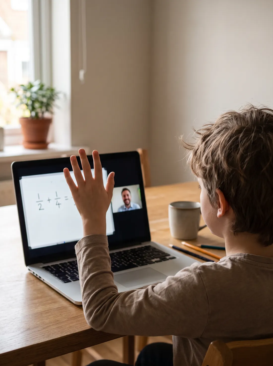 Child raising a hand in a live 1-on-1 online math lesson, with the teacher and a shared whiteboard on screen