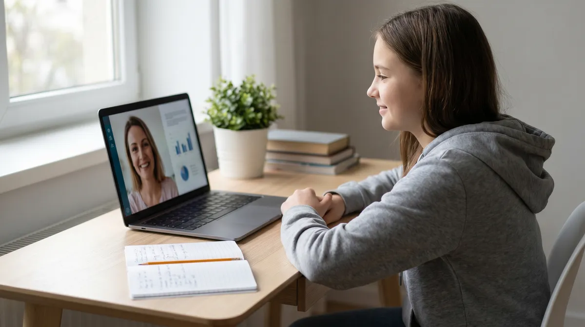 Confident middle-school student working on pre-algebra at a desk with an online math tutor on a laptop
