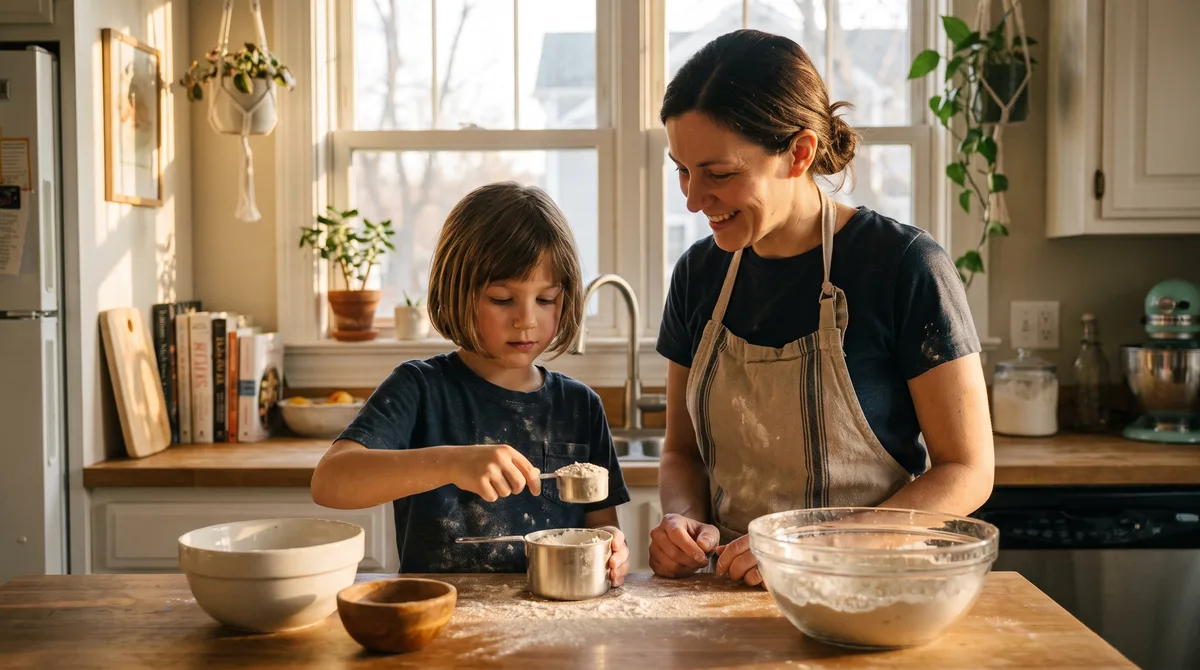 Parent and child measuring flour with measuring cups while baking, practicing everyday math at home