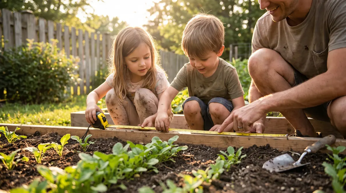 Children outdoors measuring a garden bed with a tape measure while a parent helps, practicing area and measurement