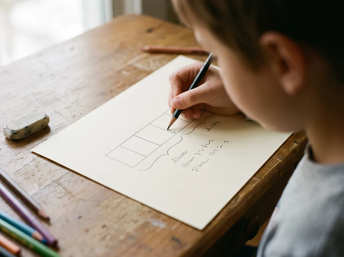 Child drawing a bar model to work out the structure of a math word problem